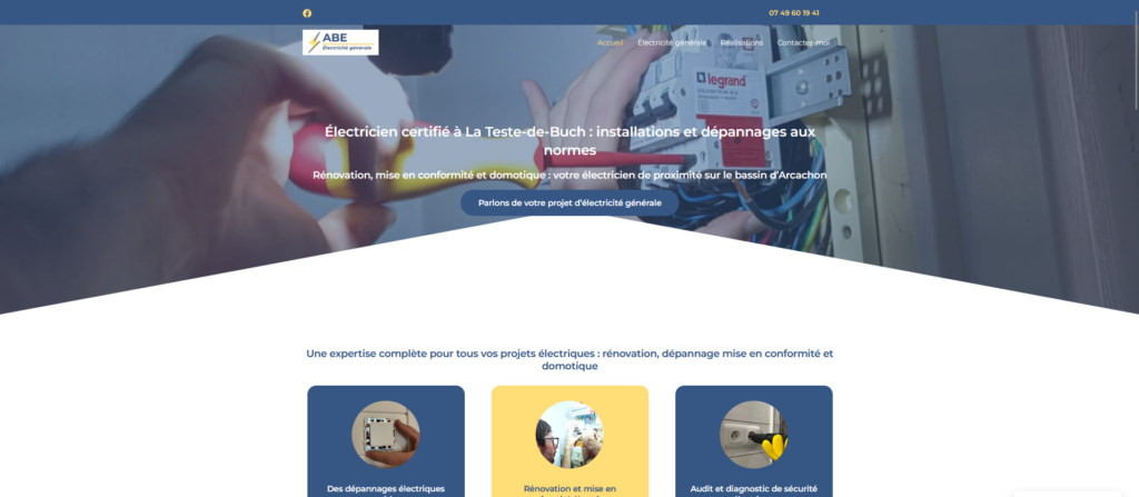 Image du site internet de mon client ABE électricité.